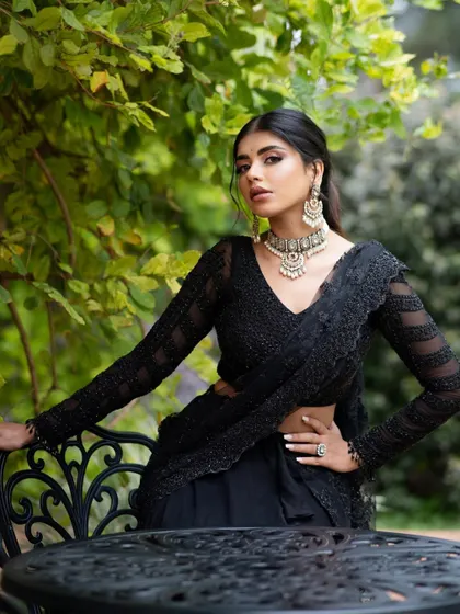 An exquisite black embroidered Indo-Western outfit, blending traditional aesthetics with contemporary trends.