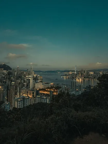 A wide-angle view of the Hong Kong skyline from a high vantage point, showing the lush greenery in the foreground. This highlights the unique geography of the city.