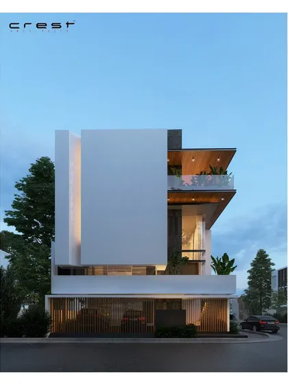 A glimpse of an upcoming project, 'Peek a boo.' The 3D render shows a design that plays with solid and void, creating framed views and a sense of intrigue from the street.