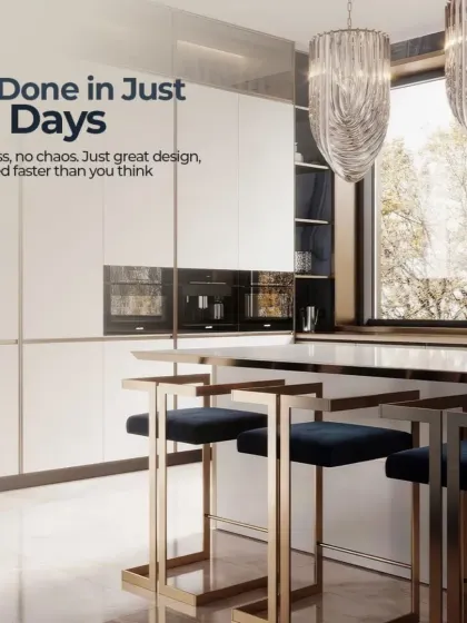 All done in just 45 days. We deliver great design faster than you think, with no stress and no chaos, as shown in this stylish kitchen with a bar setup.