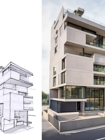 Option 1 for the same Bengaluru residence, comparing the initial massing sketch to the final visualization.