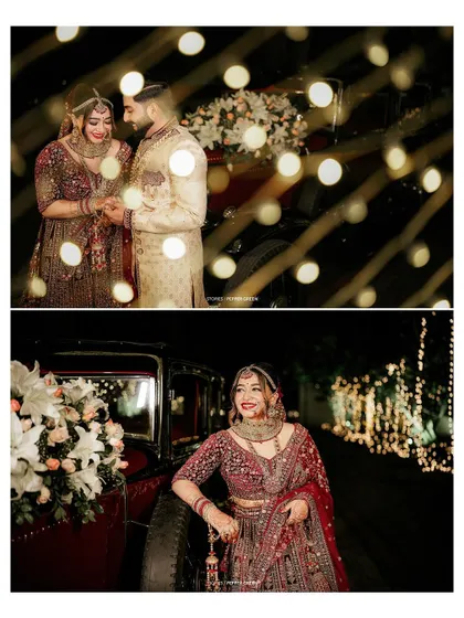 A collage of Reshma and Noel's reception, showing their romantic poses with a classic car under twinkling lights.