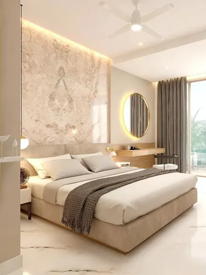 This 3D visualization shows a master bedroom concept designed as a tranquil retreat. A backlit, book-matched marble slab serves as a stunning headboard, while clean lines and a neutral palette create a sense of calm and luxury.