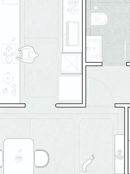 A close-up of the kitchen and utility area plan. This highlights the focus on functionality, with an efficient work triangle and smart storage solutions integrated into the design.