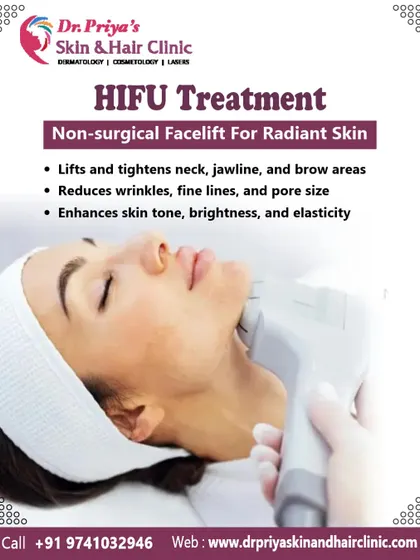 HIFU is a non-surgical facelift procedure that effectively reduces wrinkles and enhances skin tone and elasticity. It is particularly effective for lifting and tightening the neck, jawline, and brow areas.