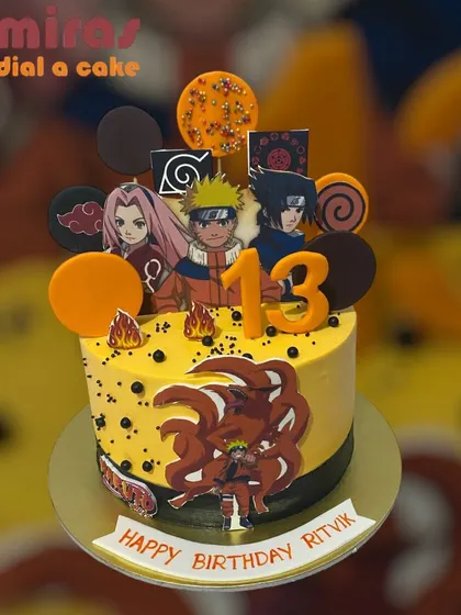 An action-packed Naruto cake for a 13th birthday. This design features Naruto, Sasuke, and Sakura, along with the powerful Nine-Tailed Fox, making it a hit for any anime fan.