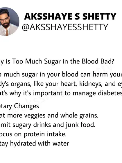Why is too much sugar in the blood bad? It can harm your heart, kidneys, and eyes over time. This is why managing diabetes with dietary changes like eating more veggies and limiting sugar is so important.