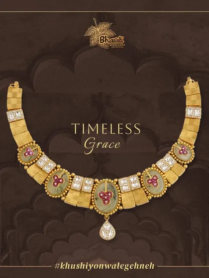 Experience the magic of fusion jewelry with our one-of-a-kind necklace. This piece is adorned with stunning semi-precious stones, intricate stonework, and the ethereal beauty of white Kundan for a look of timeless grace.