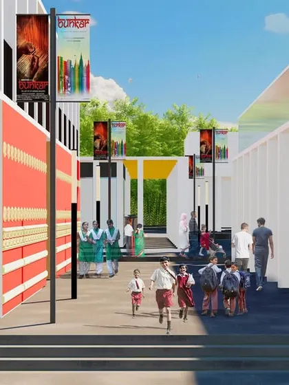 A rendering of the completed Weaver's Center, showing the vibrant street life we envision. The workshops will be open and transparent, allowing the public to engage with the artisans and their craft.