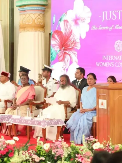A view of the dais during the International Women's Conference, with Gurudev and the Hon’ble President of India. The conference is a platform for dialogue on leadership and inner peace.