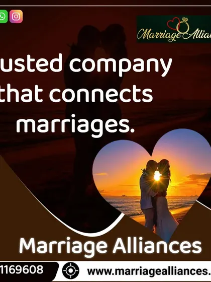 As a trusted company that connects marriages, my focus is on creating lasting relationships. The heart-shaped silhouette of a couple against a sunset represents the romantic and enduring bond I help foster.
