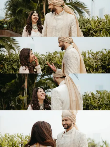 A collage of candid interactions during a couple's portrait session. From laughter to gentle touches, this series shows the dynamic and playful love story between the bride and groom.