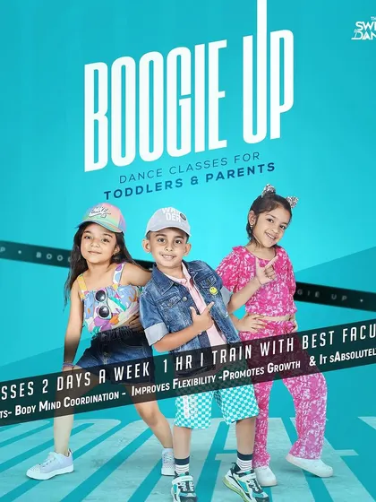 Another poster for our 'Boogie Up' classes, highlighting the fun and developmental benefits for toddlers and parents.