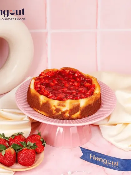Our Basque Strawberry Cheesecake is baked to burnt perfection and topped with a fresh strawberry compote. It's a slice of rustic, creamy, winter magic.