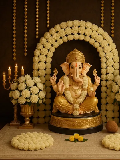 A luxurious and elegant Ganpati setup in gold and cream. The idol is framed by an arch of beautiful cream-colored roses, with golden vases and candelabras adding to the opulent feel.