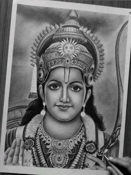 A highly detailed pencil sketch of Lord Rama. I focused on the elaborate crown, which features a sun motif, and the calm, reassuring expression on his face, holding his bow.
