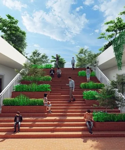We designed the staircases at Hyderabad Public School as social spaces, incorporating planters and seating. This transforms a simple circulation element into a vibrant, green area for students to relax, interact, and connect with nature.