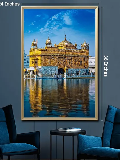 This view shows the dimensions of the Golden Temple wall art, a substantial piece measuring 24 by 36 inches. It's designed to make a significant and soulful impact in any room.