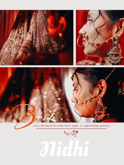 An artistic collage focusing on the details of the bride's attire and jewelry. The close-ups of her nath and lehenga embroidery tell a story of elegance and tradition.