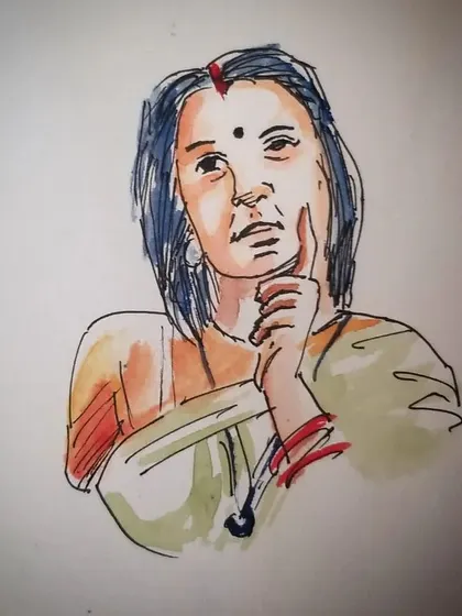 A portrait sketch using a combination of ink pen for the lines and watercolor for a splash of color. This pen and wash technique is a fun and expressive way to draw people.