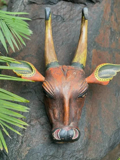 A hand-painted wooden bull head, inspired by Kerala's temple festivals, mounted on a stone wall. Its expressive eyes and colorful horns make it a unique and eye-catching piece of folk art.
