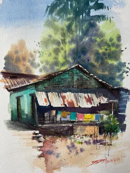 A colorful watercolor of a village house with clothes drying on the line. This piece highlights the beauty in everyday scenes.