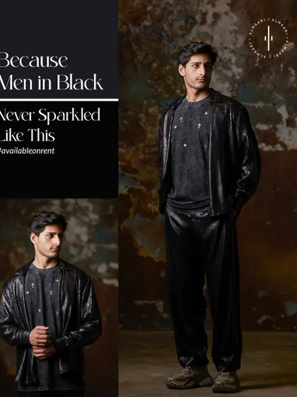 Forget what you know about 'Men in Black'. My take includes a sparkling, textured co-ord set that catches the light with every move. It’s a bold, unapologetic look for a night out or a cocktail party where you want all eyes on you.
