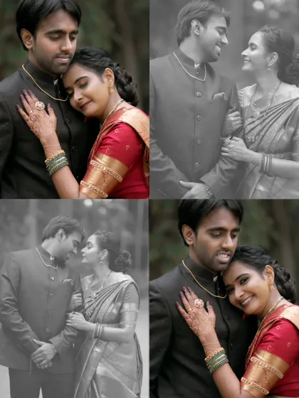 A collage of romantic couple portraits in both color and black and white, showcasing their tender connection and the timeless quality of their love.