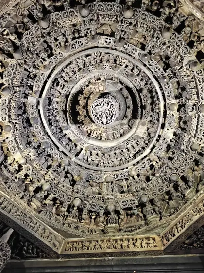 The breathtakingly detailed ceiling carving at a temple in Belur. It's a masterpiece of Hoysala architecture.