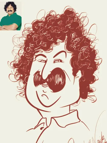 A line art caricature capturing the intense look of the famous Marathi actor and director, Pravin Tarde, based on his photo.