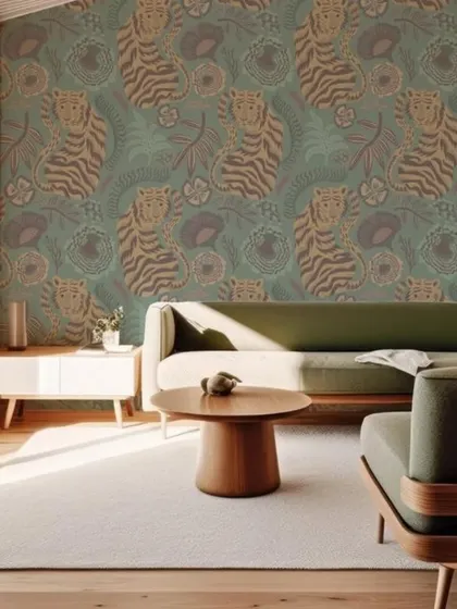 A repeating pattern of tigers and flowers in muted green and brown tones, offering a subtle yet stylish take on the animal print trend.