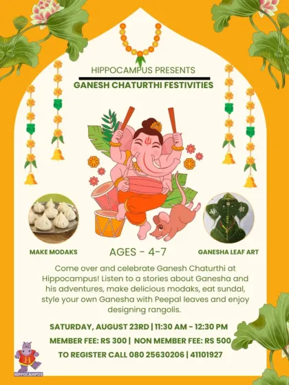 Trumpet over for an ele-phantastic Ganesh Chaturthi! This poster highlights our fun activities: making modaks, creating Ganesha leaf art, and designing rangolis.