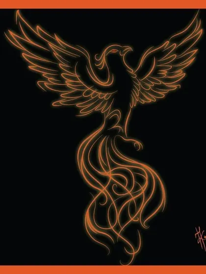 A phoenix rising from the ashes, illustrated with fiery orange neon lines on a black background. This is a powerful symbol of rebirth, resilience, and coming back stronger from adversity.