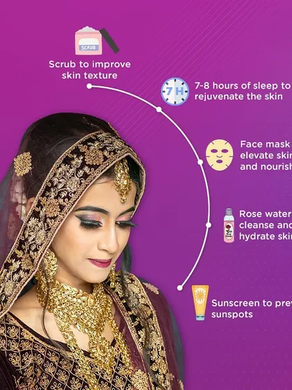 Your skin needs care before the big day. This infographic shares my essential pre-bridal skincare tips, from scrubbing and masking to getting enough sleep, to ensure you have a naturally glowing canvas for your makeup.