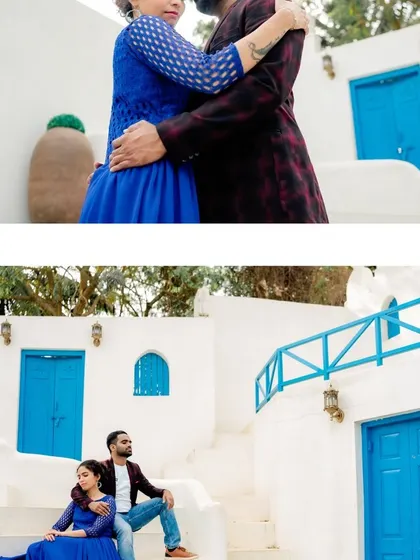 A collage of the couple in their blue and maroon outfits at the Santorini-themed location.