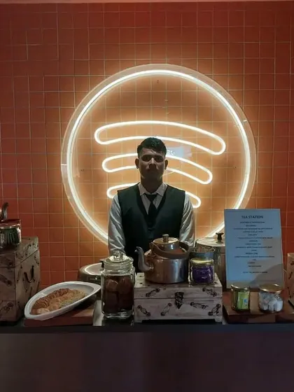 Our chai station, set up for a Spotify India event. We create custom experiences like this to match the vibe of our clients, offering everything from traditional Indian tea to modern gourmet coffee.