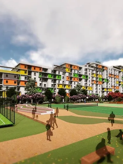 An initial concept for a large residential development, exploring the use of bright, varied colors on the facades to create a vibrant and playful community atmosphere.