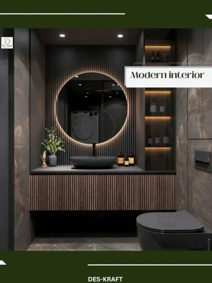 This moody, modern bathroom uses dark, textured walls, a circular backlit mirror, and a ribbed wood vanity to create a sophisticated and dramatic atmosphere.
