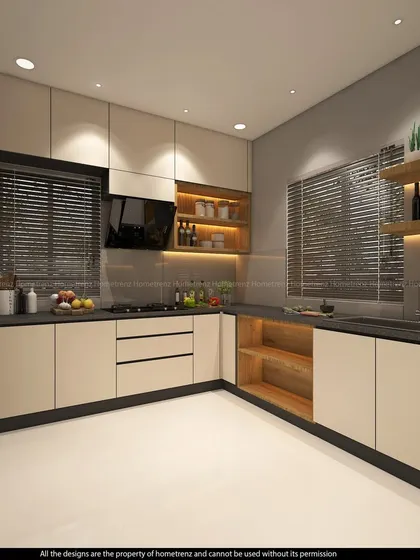 A wider view of the kitchen, showing the L-shaped layout and the combination of different storage solutions to meet the client's specific needs.