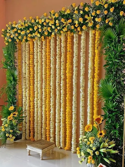 A simple yet beautiful backdrop for a Haldi ceremony. The design features hanging garlands of yellow and white marigolds, framed by lush green foliage for a fresh and natural look.