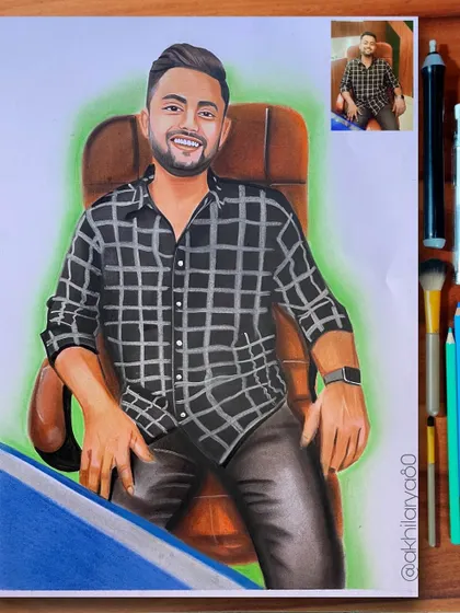 This A3 colored pencil portrait has a great sense of depth, with the man smiling in his office chair. The green glow in the background adds a unique touch.