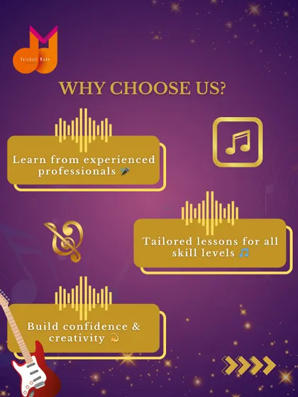 Why choose us? This graphic summarizes our key strengths: learning from experienced professionals, tailored lessons for all skill levels, and a focus on building confidence and creativity.
