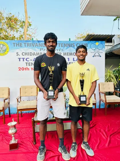 Oges and Sivadeep, our academy players, posing with their trophies after competing in the singles final at the Trivandrum AITA 1 Lakh.