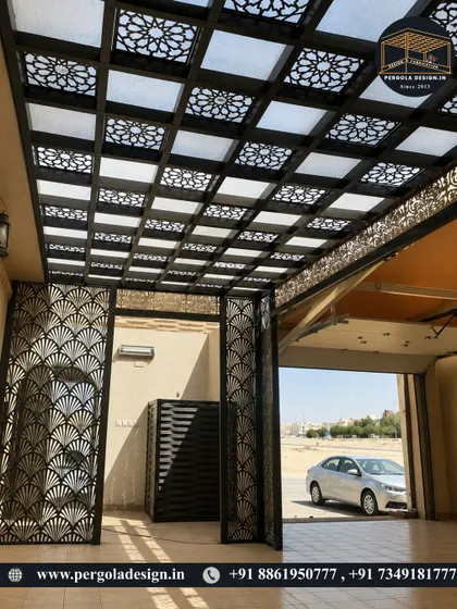 This grand entrance features a pergola with a beautiful laser-cut ceiling and matching decorative gates. The cohesive design creates a powerful and luxurious first impression for any property.