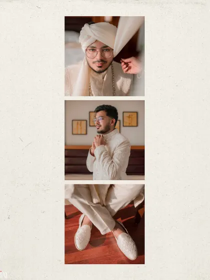 A triptych of the groom's details, from his turban to his shoes, for the beach wedding.