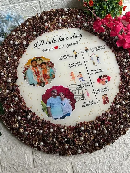The frame includes two photos of the couple, one from their wedding and one casual shot, showing different stages of their relationship.