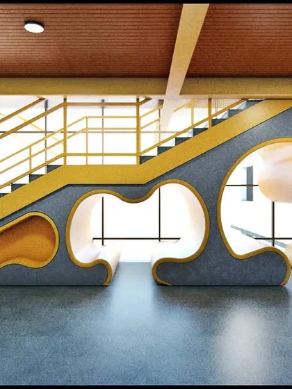 A render of our redesign for Birla School, featuring a playful and functional seating area integrated into the staircase. This element combines style with utility, creating an engaging space for students.