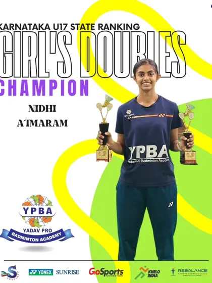 Nidhi Atmaram, the U17 Girl's Doubles Champion at the Karnataka State Ranking tournament, another gold for the YPBA family.