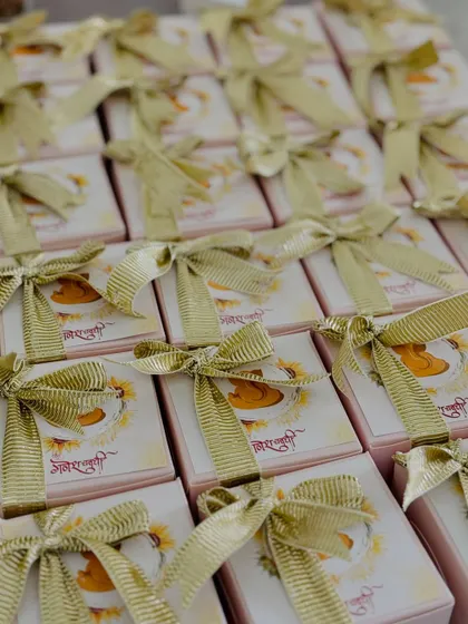 A closer look at our custom Ganesh Chaturthi gift boxes, all tied with a golden ribbon. We love helping you celebrate festivals with personalized touches.