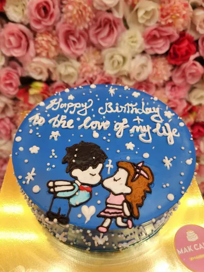 A romantic drawing cake with a starry night background and the message "Happy Birthday to the love of my life."